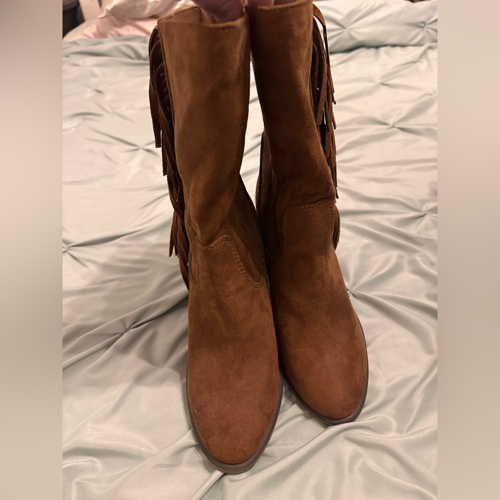 Pink Lily Tan Suede Fringe Heeled Boots